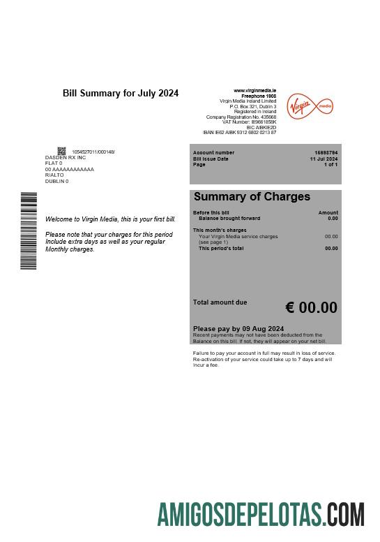 Em branco modelo de conta de serviços públicos da Ireland Virgin Media editável em Word e PDF, versão 1